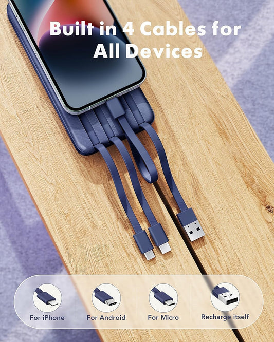 Portable Charger with Built in Cables, Portable Charger with Cords Wires Slim 10000Mah Travel Essentials Battery Pack 6 Outputs 3A High Speed Power Bank for Iphone Samsung Pixel LG Moto Ipad