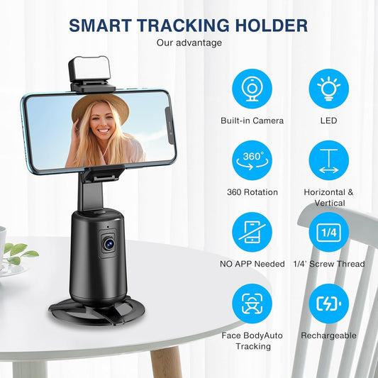Auto Face Tracking Tripod 360° Rotating Auto Tracking Phone Stand, No App, Phone Camera Stand with Remote and Gesture Control, Rechargeable Smart Shooting Stand for Live Video Recording Tiktok(Black)