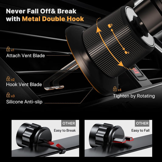 Phone Holders for Your Car with Metal Hook Clip, Air Vent Cell Phone Stand Car Mount, Universal Automobile Cradle Fit for Iphone Android and All Smartphones, Dark Black