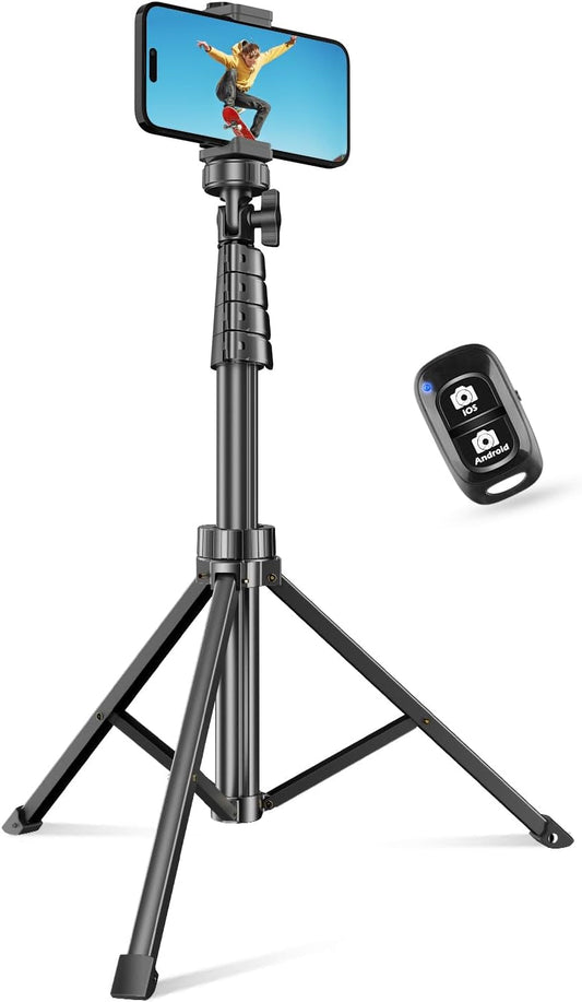 62" Phone Tripod & Selfie Stick, Extendable Cell Phone Tripod Stand with Wireless Remote and Phone Holder, Compatible with Iphone Android Phone, Camera