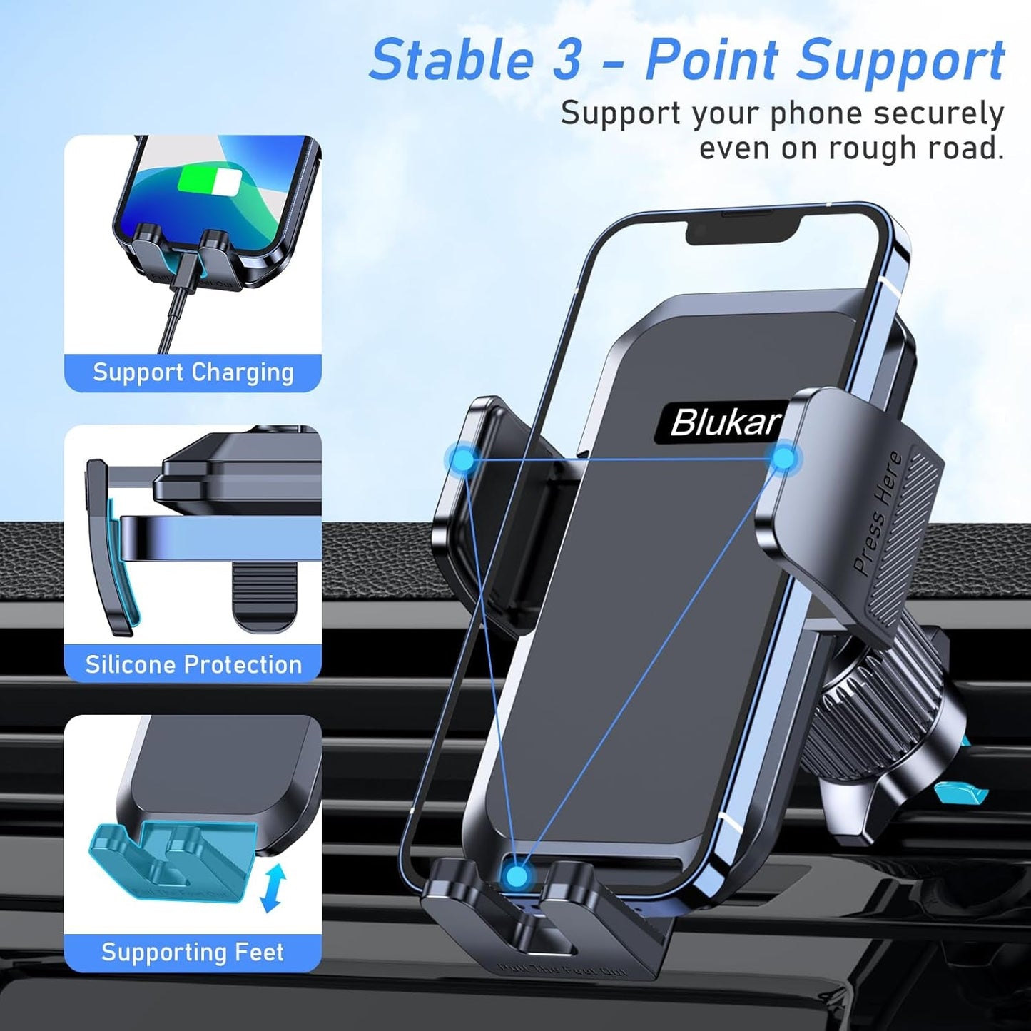 Car Phone Holder Mount, Super Stable Air Vent Cell Phone Car Mount with 2025 Metal Hook Clip, 360° Rotation,One Button Release for Iphone, Samsung, Google, and All Other Smartphones