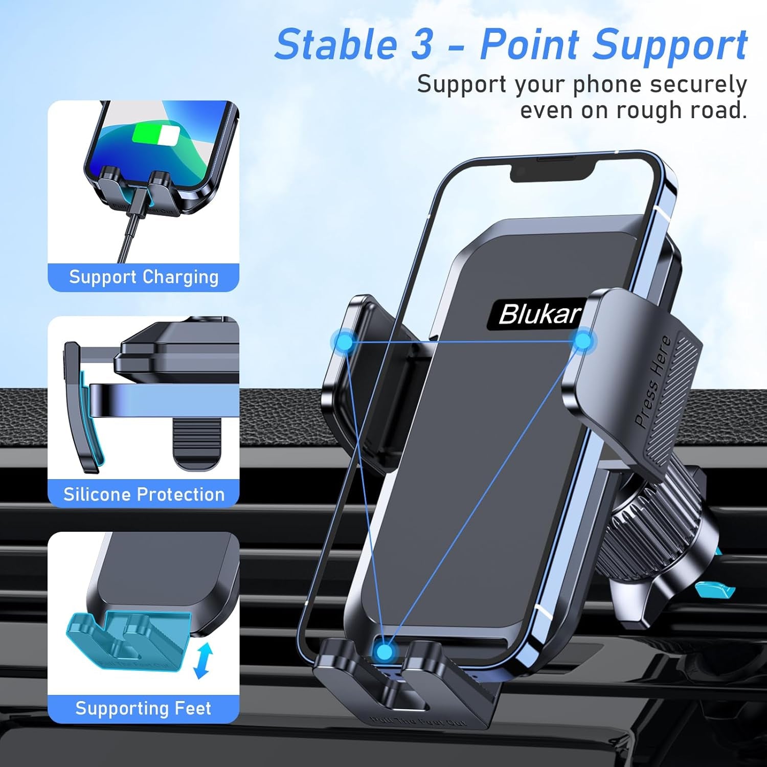 Car Phone Holder Mount, Super Stable Air Vent Cell Phone Car Mount with 2025 Metal Hook Clip, 360° Rotation,One Button Release for Iphone, Samsung, Google, and All Other Smartphones