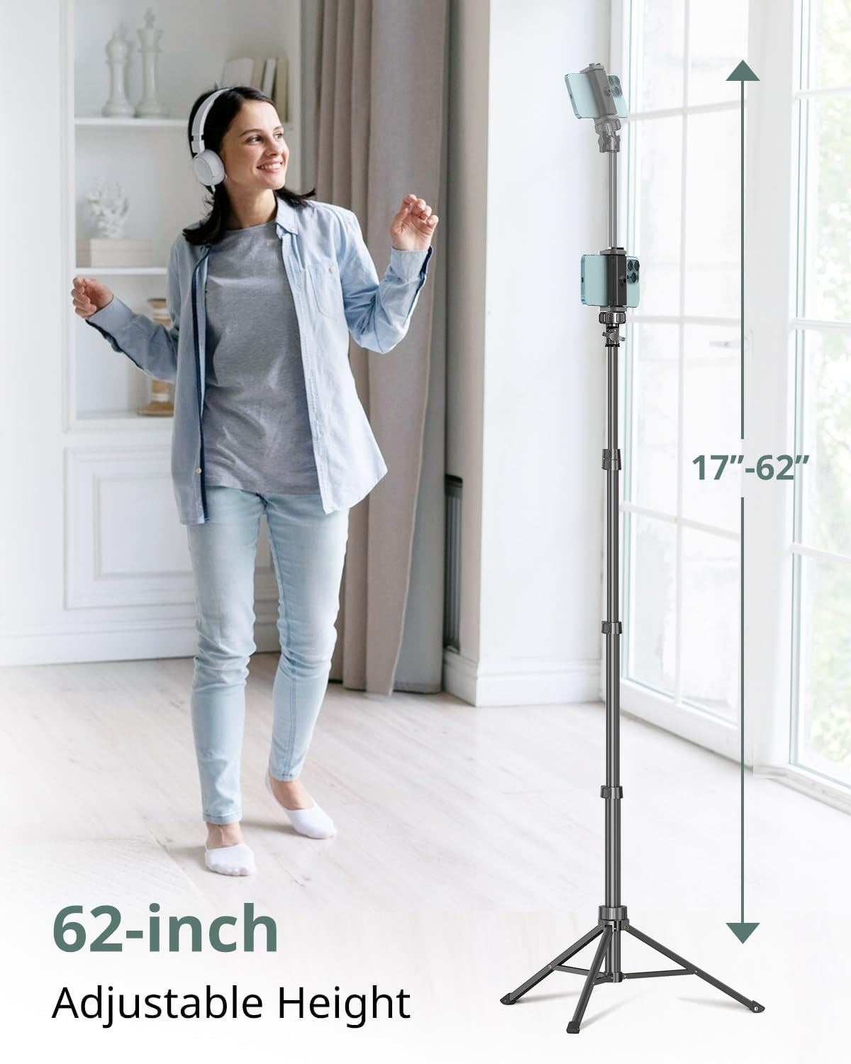 62" Phone Tripod & Selfie Stick, Extendable Cell Phone Tripod Stand with Wireless Remote and Phone Holder, Compatible with Iphone Android Phone, Camera