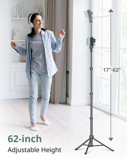 62" Phone Tripod & Selfie Stick, Extendable Cell Phone Tripod Stand with Wireless Remote and Phone Holder, Compatible with Iphone Android Phone, Camera