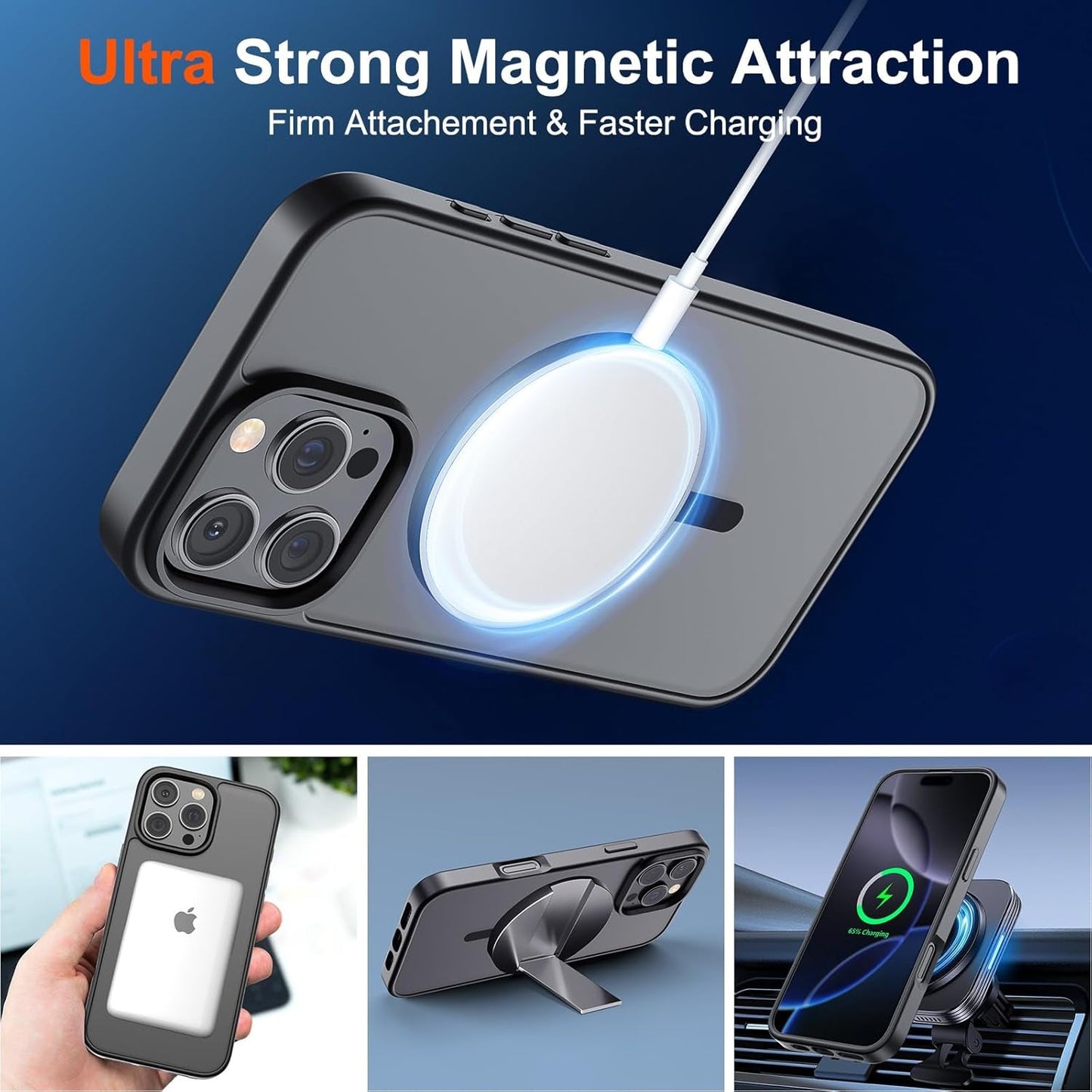Magnetic for Iphone 16 Pro Case (Compatible with Magsafe) (Military Grade Drop Protection) Slim Translucent Matte Shockproof with Anti-Fingerprint Phone Case,Black