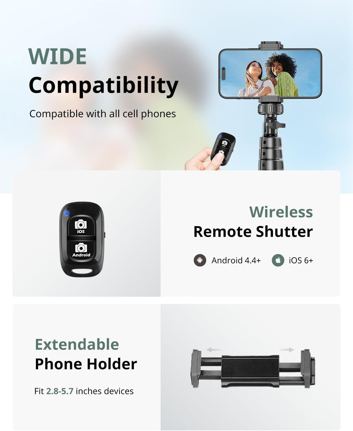 62" Phone Tripod & Selfie Stick, Extendable Cell Phone Tripod Stand with Wireless Remote and Phone Holder, Compatible with Iphone Android Phone, Camera