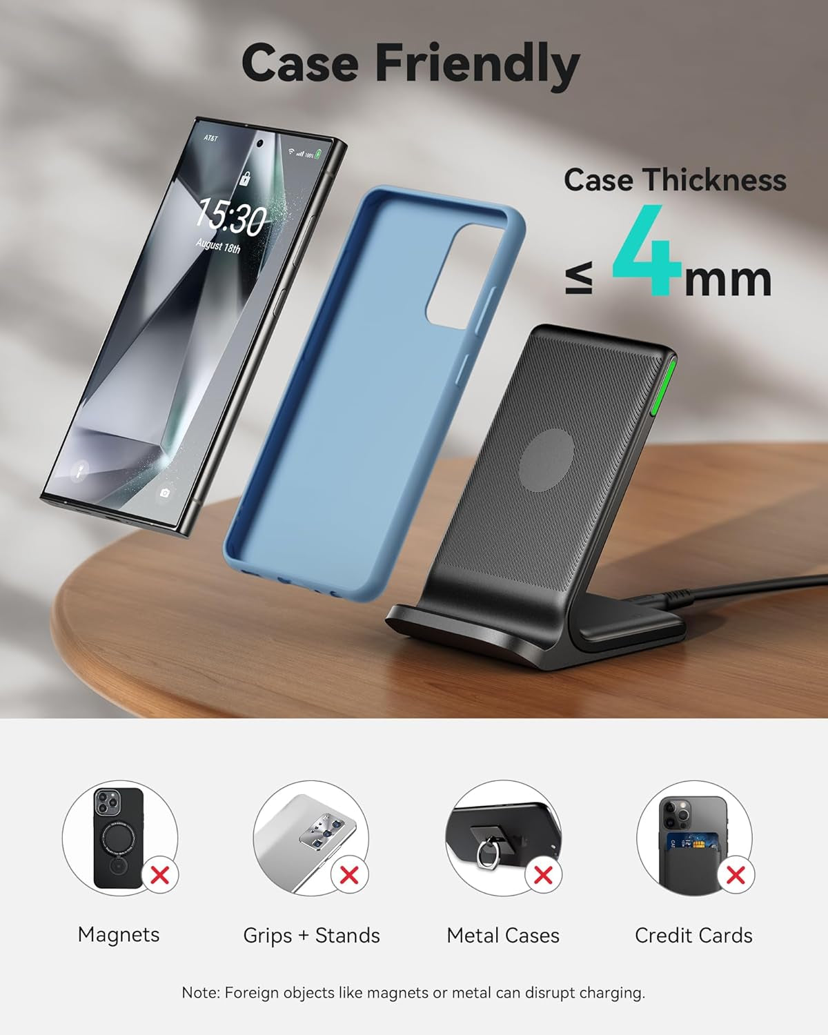 Wireless Charger, 15W Fast Qi-Certified Wireless Charging Station with Sleep-Friendly Adaptive Light Compatible with Iphone 16 15 14 13 Pro XS 8 plus Samsung Galaxy S25 S24 S23 Note 20 Google Etc