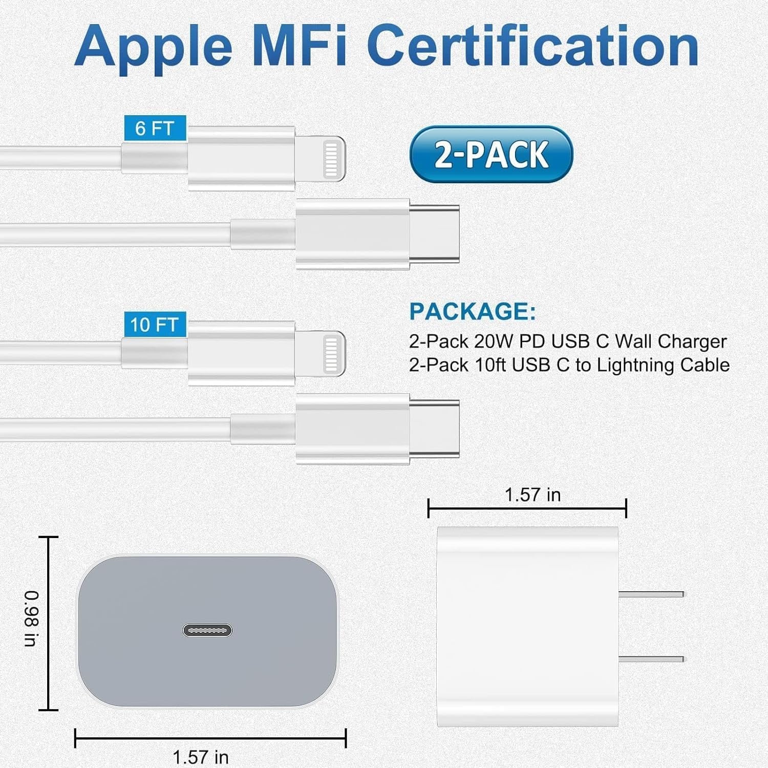 Iphone Charger Fast Charging 2 Pack Type C Wall Charger Block with 2 Pack [6FT&10FT] Long USB C to Lightning Cable for Iphone 14/13/12/12 Pro Max/11/Xs Max/Xr/X,Airpods Pro