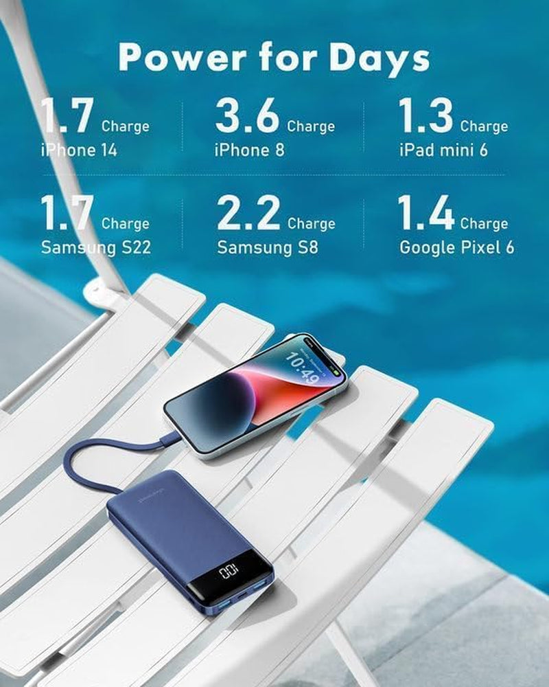 Portable Charger with Built in Cables, Portable Charger with Cords Wires Slim 10000Mah Travel Essentials Battery Pack 6 Outputs 3A High Speed Power Bank for Iphone Samsung Pixel LG Moto Ipad
