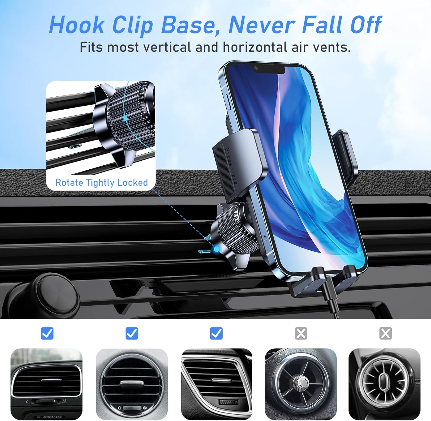 Car Phone Holder Mount, Super Stable Air Vent Cell Phone Car Mount with 2025 Metal Hook Clip, 360° Rotation,One Button Release for Iphone, Samsung, Google, and All Other Smartphones