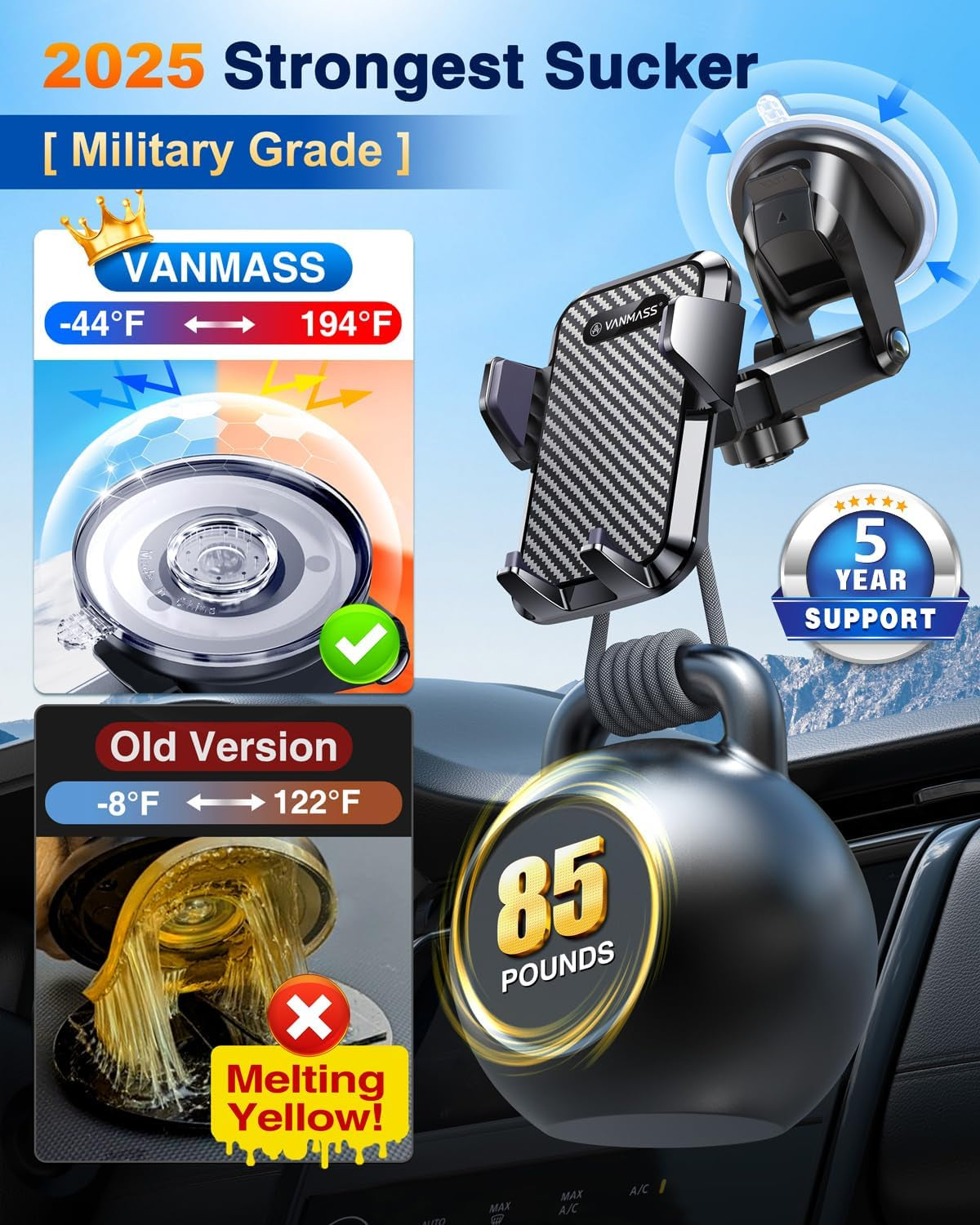 【85+LBS Strongest Suction & Military-Grade 2025 Ultimate Car Phone Mount【Patent & Safety Certs】 Cell Phone Holder Truck Stand for Dashboard Windshield Vent for Iphone 16 15 Pro Max 14 Samsung